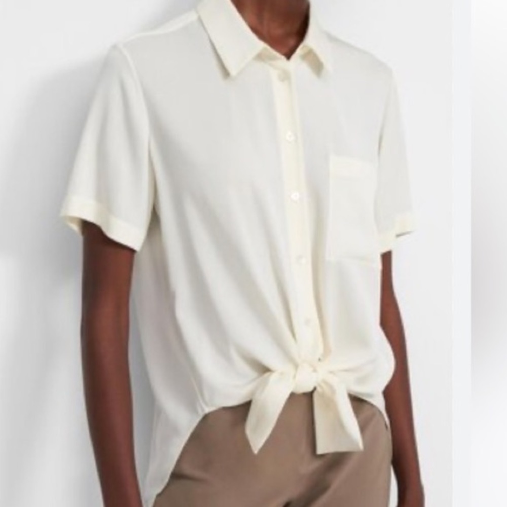 Theory Cream Short-Sleeve Button-Down Tie Front Shirt